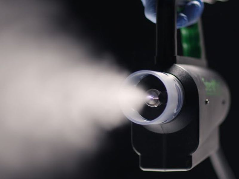 close up of spray machine spraying vapourised hydrogen peroxide for decontamination